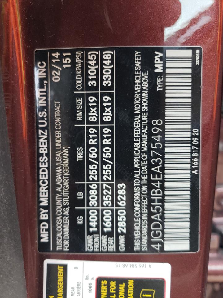 2014 Mercedes-Benz Ml 350 4Matic VIN: 4JGDA5HB4EA375498 Lot: 85781795