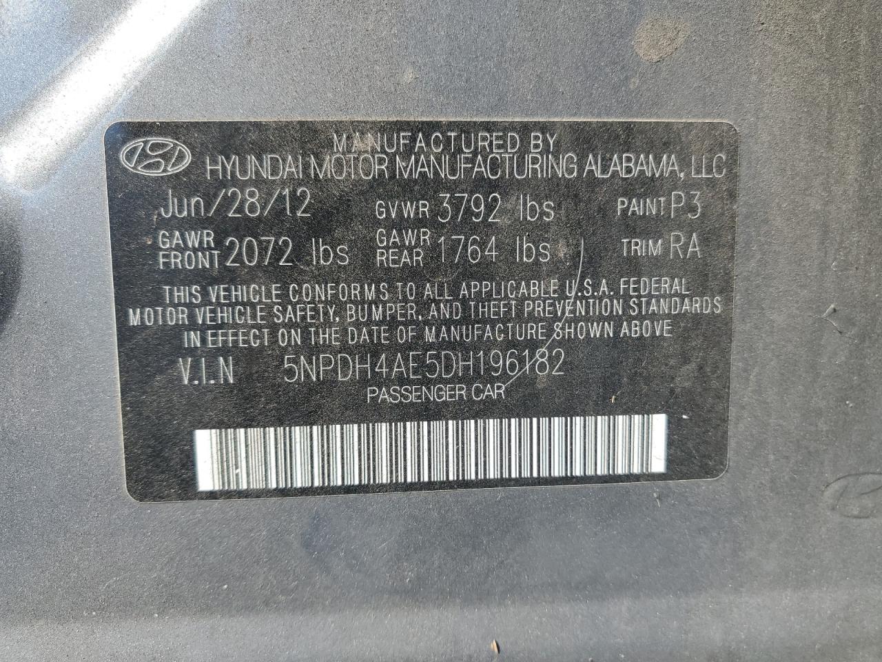 2013 Hyundai Elantra Gls VIN: 5NPDH4AE5DH196182 Lot: 84063545