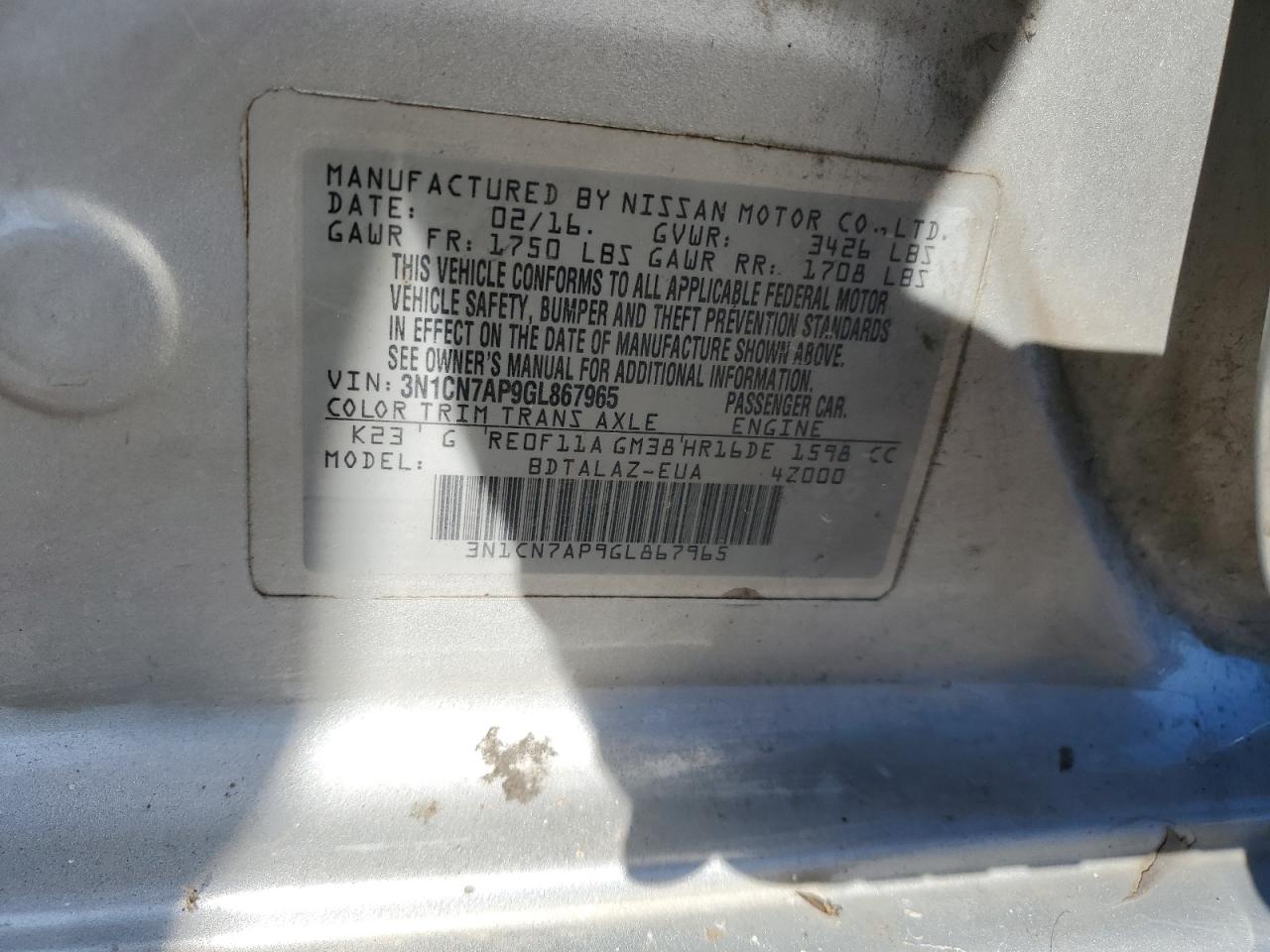 2016 Nissan Versa S VIN: 3N1CN7AP9GL867965 Lot: 85358395