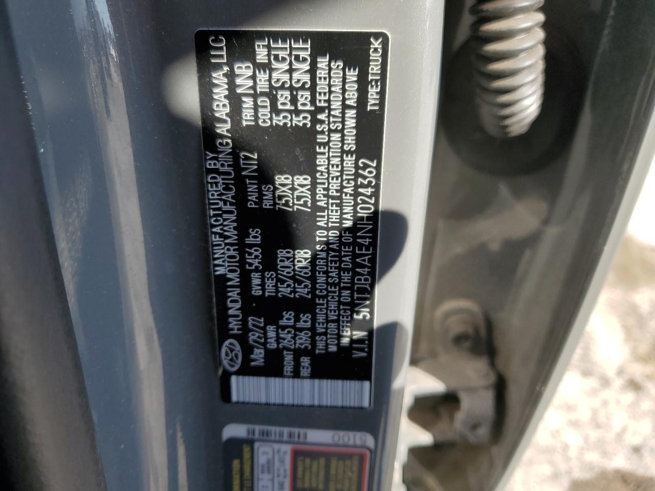 2022 Hyundai Santa Cruz Sel VIN: 5NTJB4AE4NH024362 Lot: 82787105