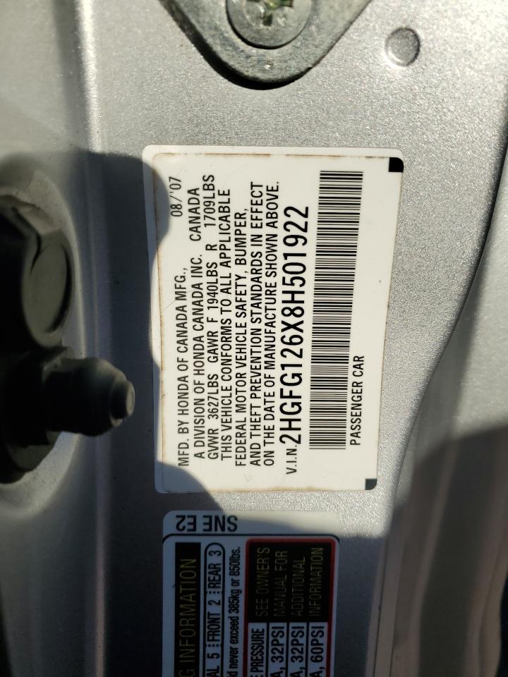 2008 Honda Civic Lx VIN: 2HGFG126X8H501922 Lot: 86087775