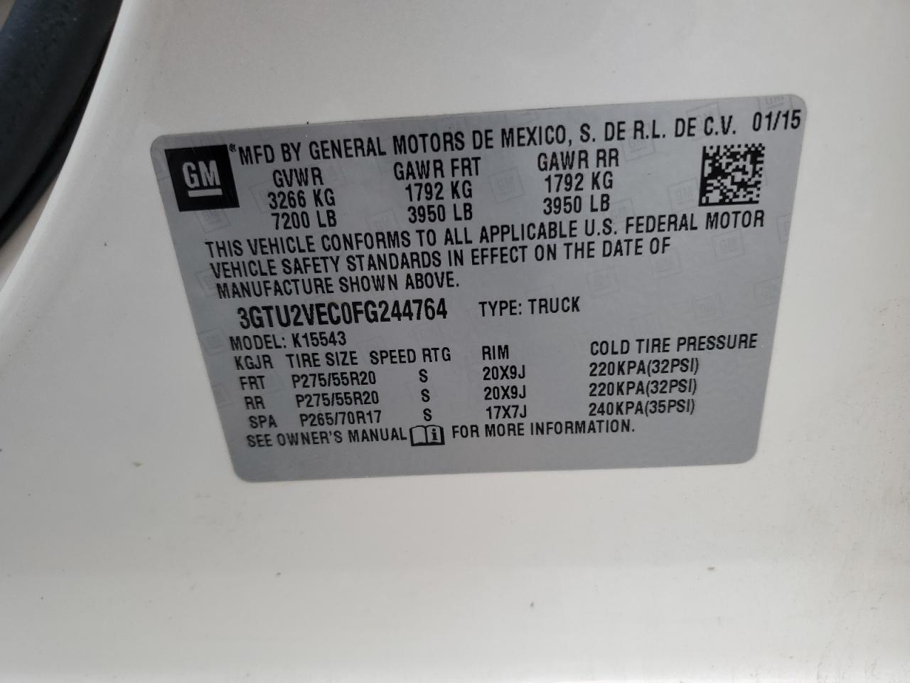 2015 GMC Sierra K1500 Slt VIN: 3GTU2VEC0FG244764 Lot: 81980535