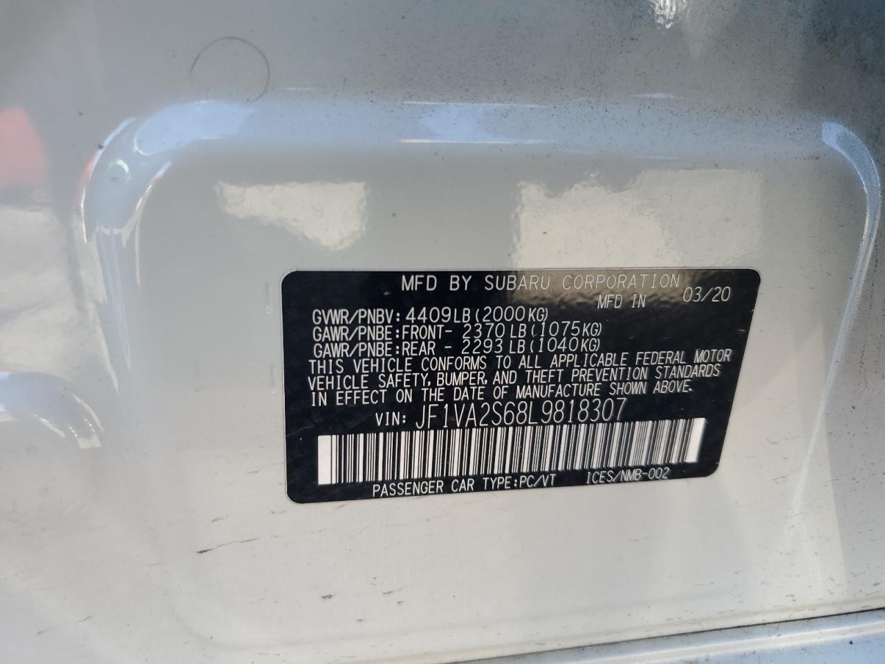 2020 Subaru Wrx Sti VIN: JF1VA2S68L9818307 Lot: 84986595