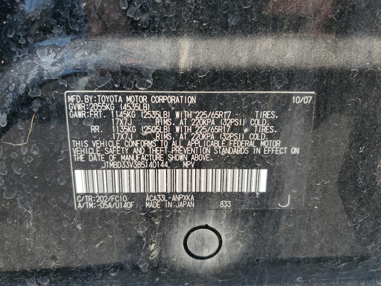 2008 Toyota Rav4 VIN: JTMBD33V385140144 Lot: 85553435