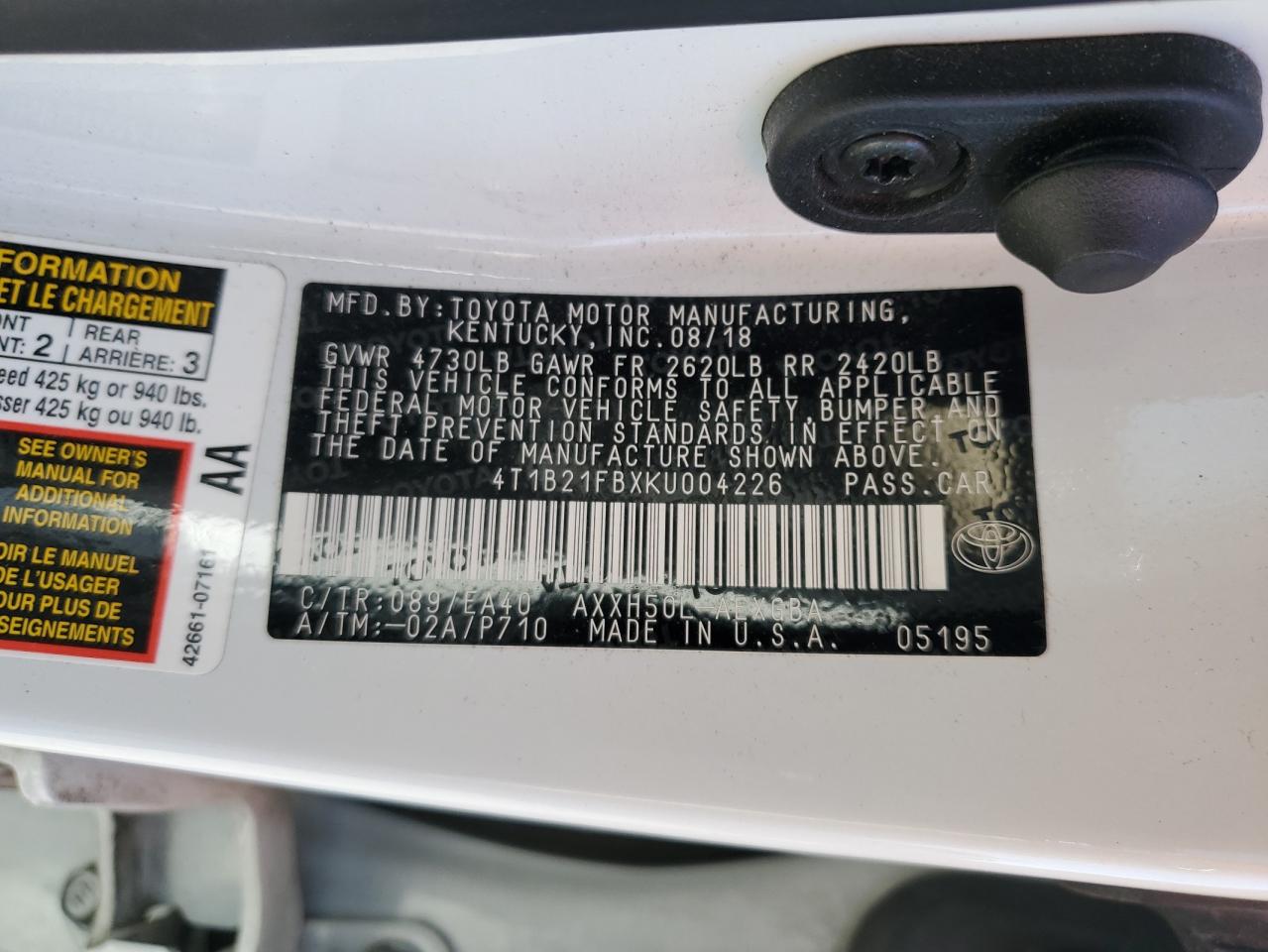 2019 Toyota Avalon Xle VIN: 4T1B21FBXKU004226 Lot: 86790975