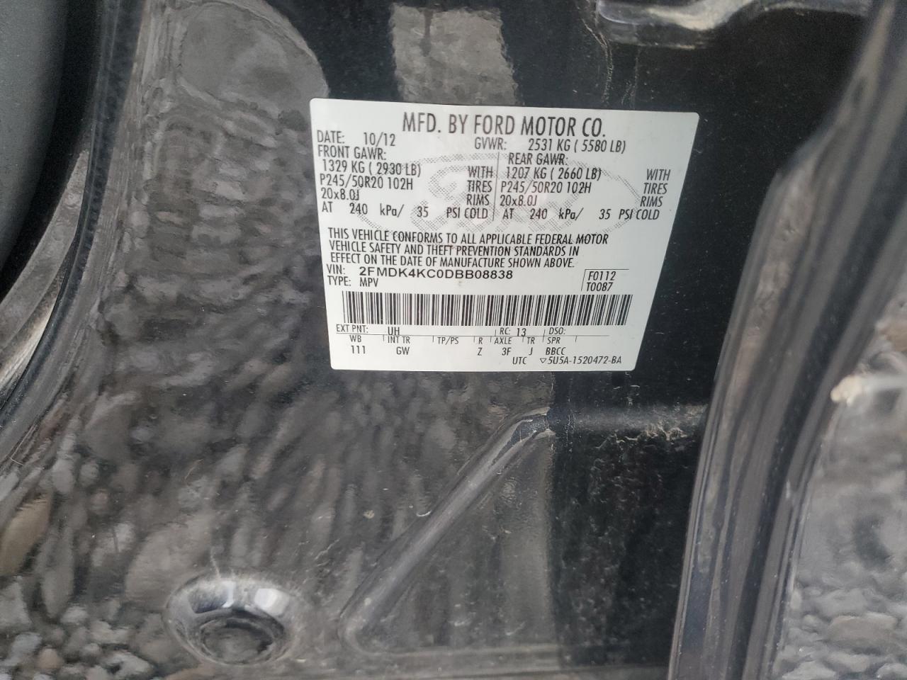 2013 Ford Edge Limited VIN: 2FMDK4KC0DBB08838 Lot: 89457395