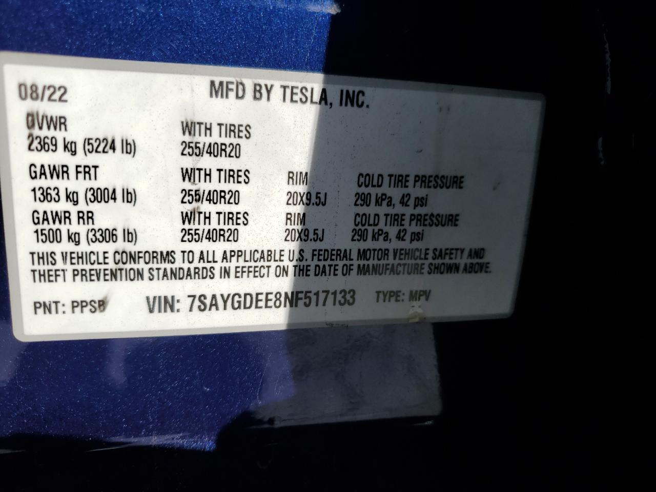 2022 Tesla Model Y VIN: 7SAYGDEE8NF517133 Lot: 82629035