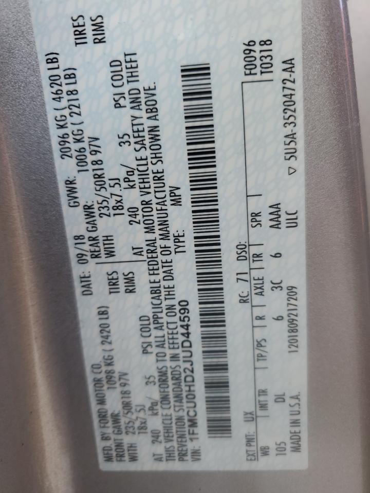 2018 Ford Escape Sel VIN: 1FMCU0HD2JUD44590 Lot: 90674175