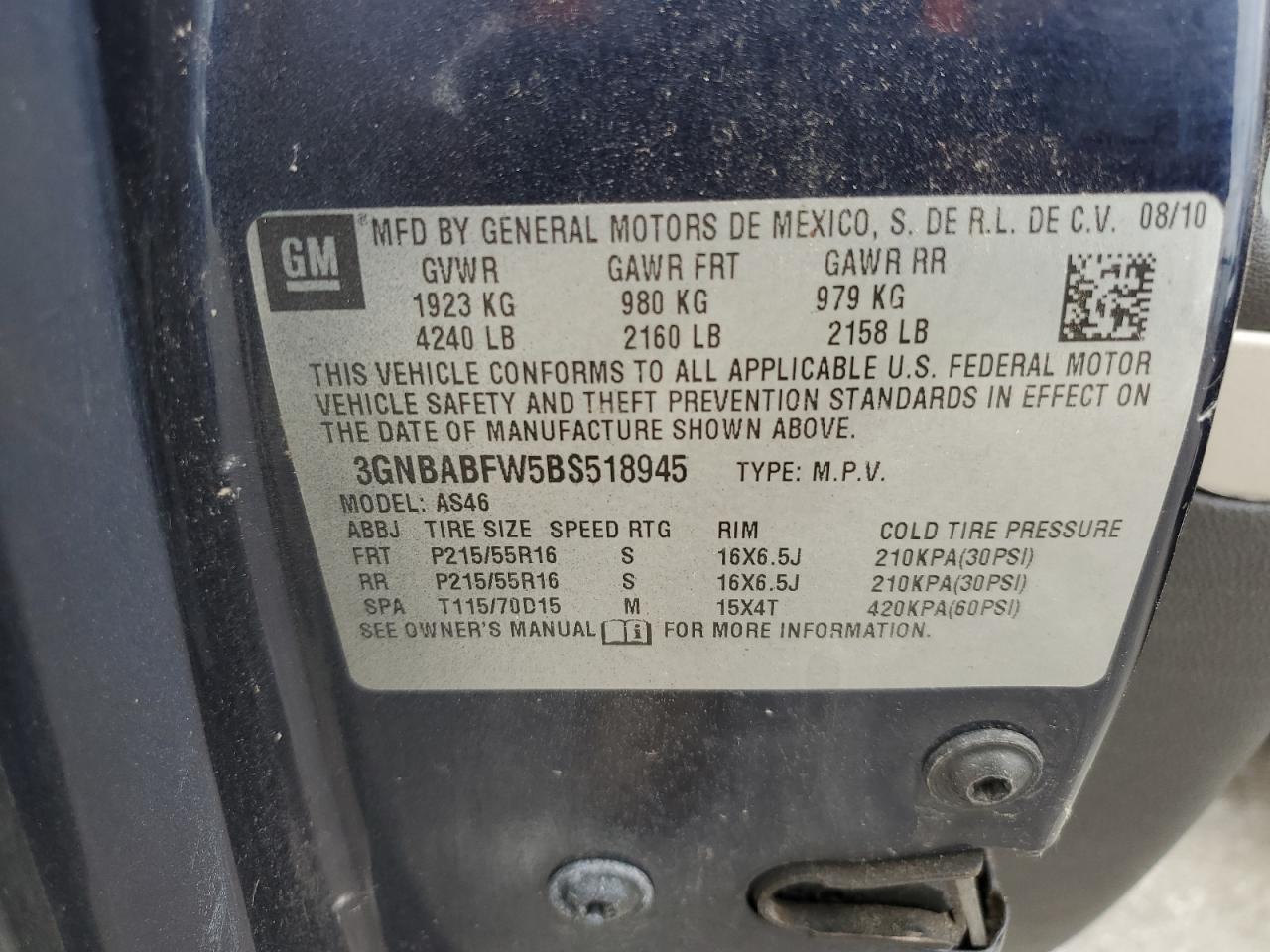 2011 Chevrolet Hhr Lt VIN: 3GNBABFW5BS518945 Lot: 85310105