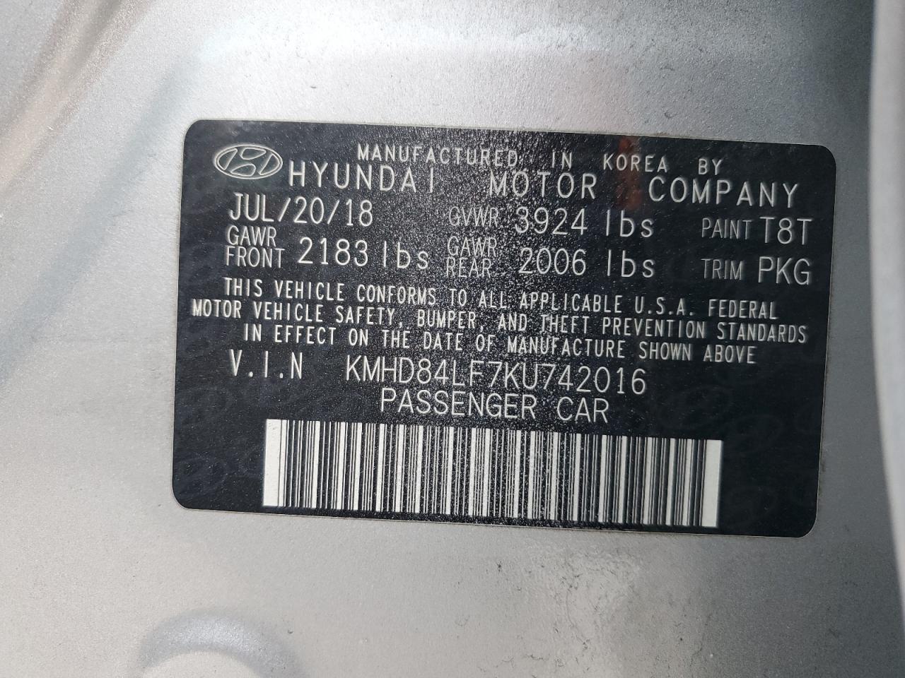 2019 Hyundai Elantra Sel VIN: KMHD84LF7KU742016 Lot: 82665445