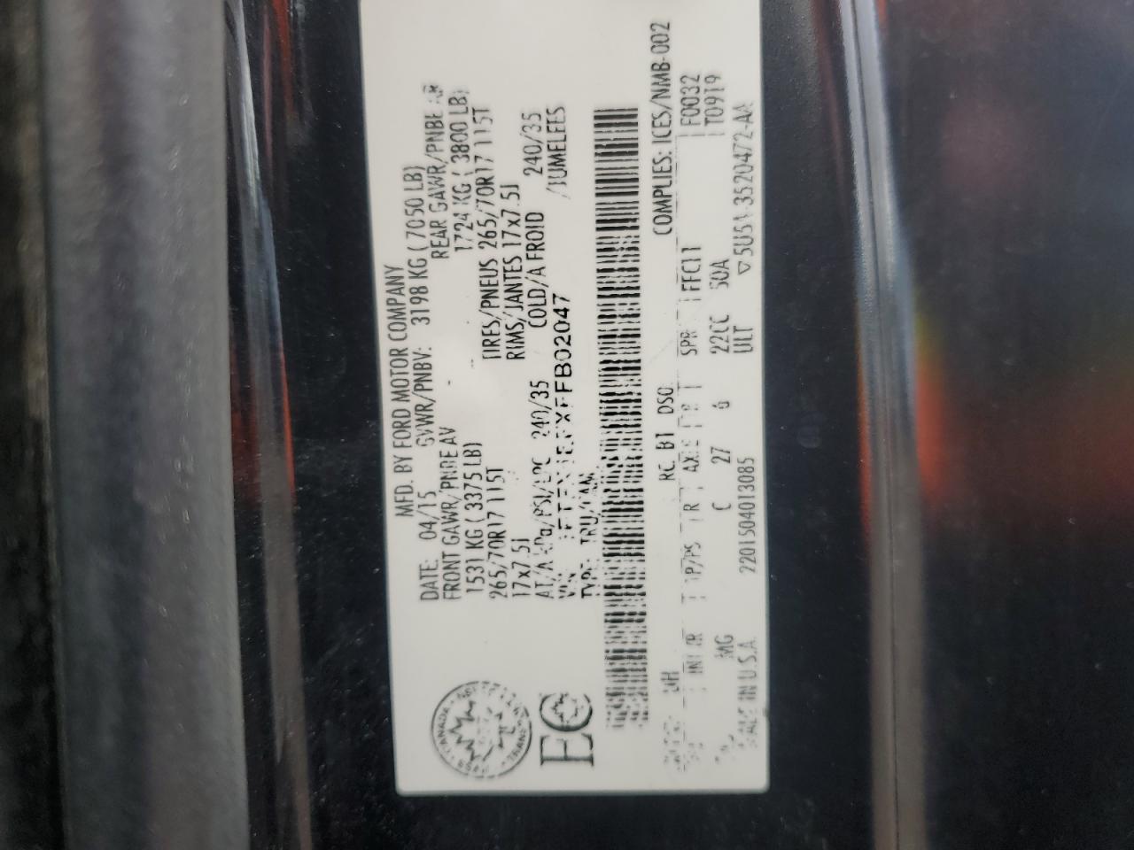 2015 Ford F150 Super Cab VIN: 1FTFX1EFXFFB02047 Lot: 82695225