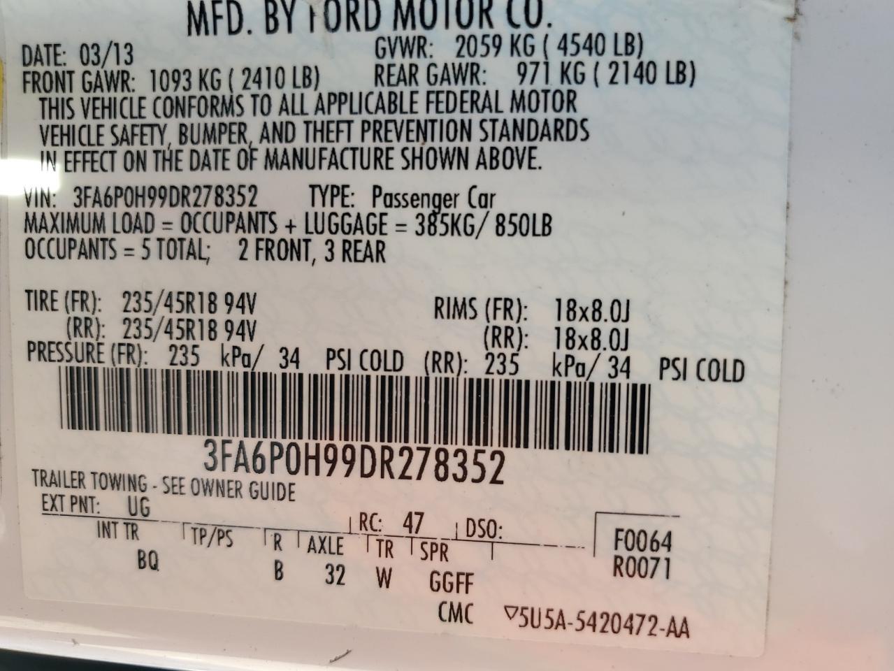 2013 Ford Fusion Se VIN: 3FA6P0H99DR278352 Lot: 84835995