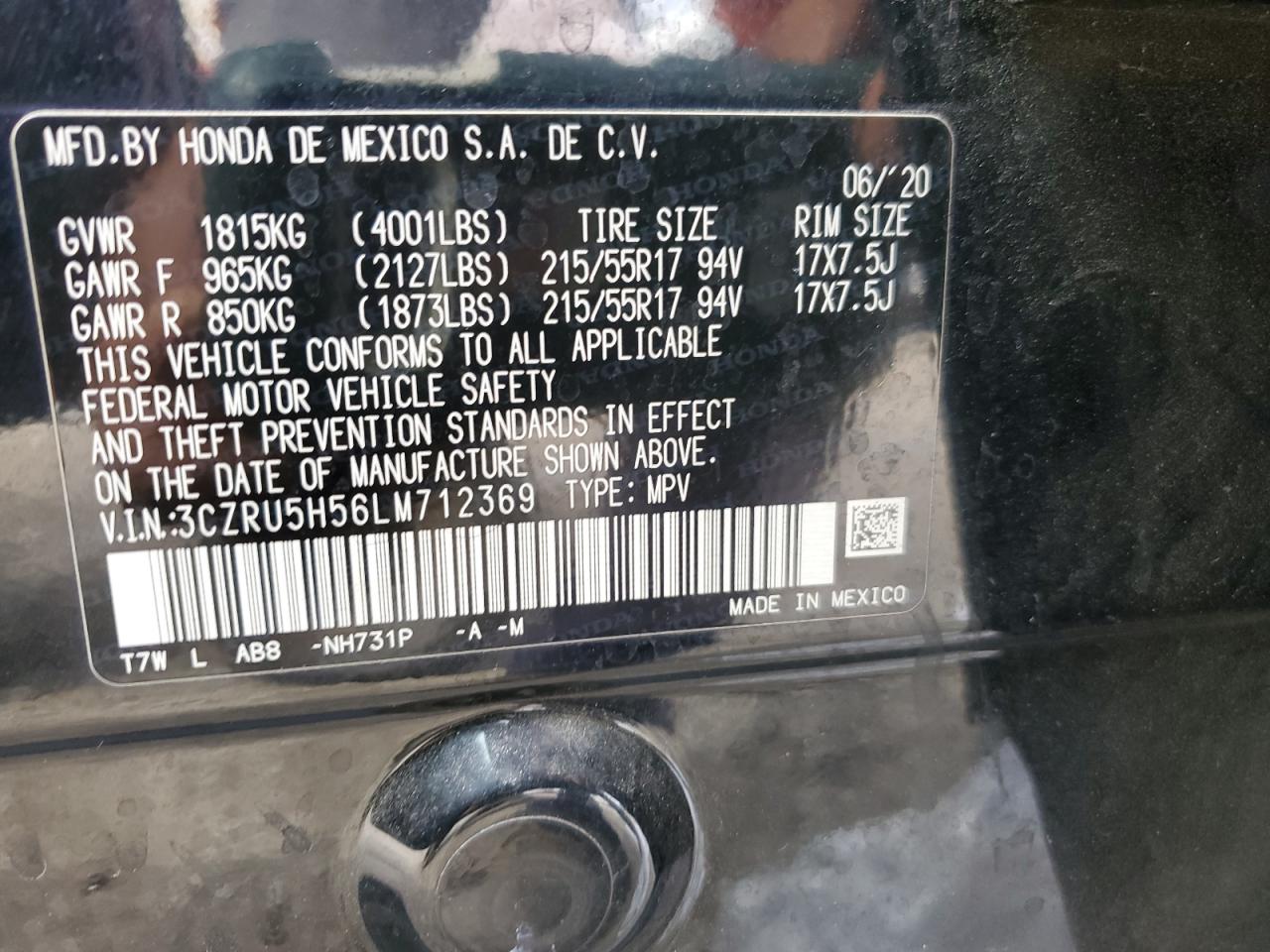 2020 Honda Hr-V Ex VIN: 3CZRU5H56LM712369 Lot: 90446395