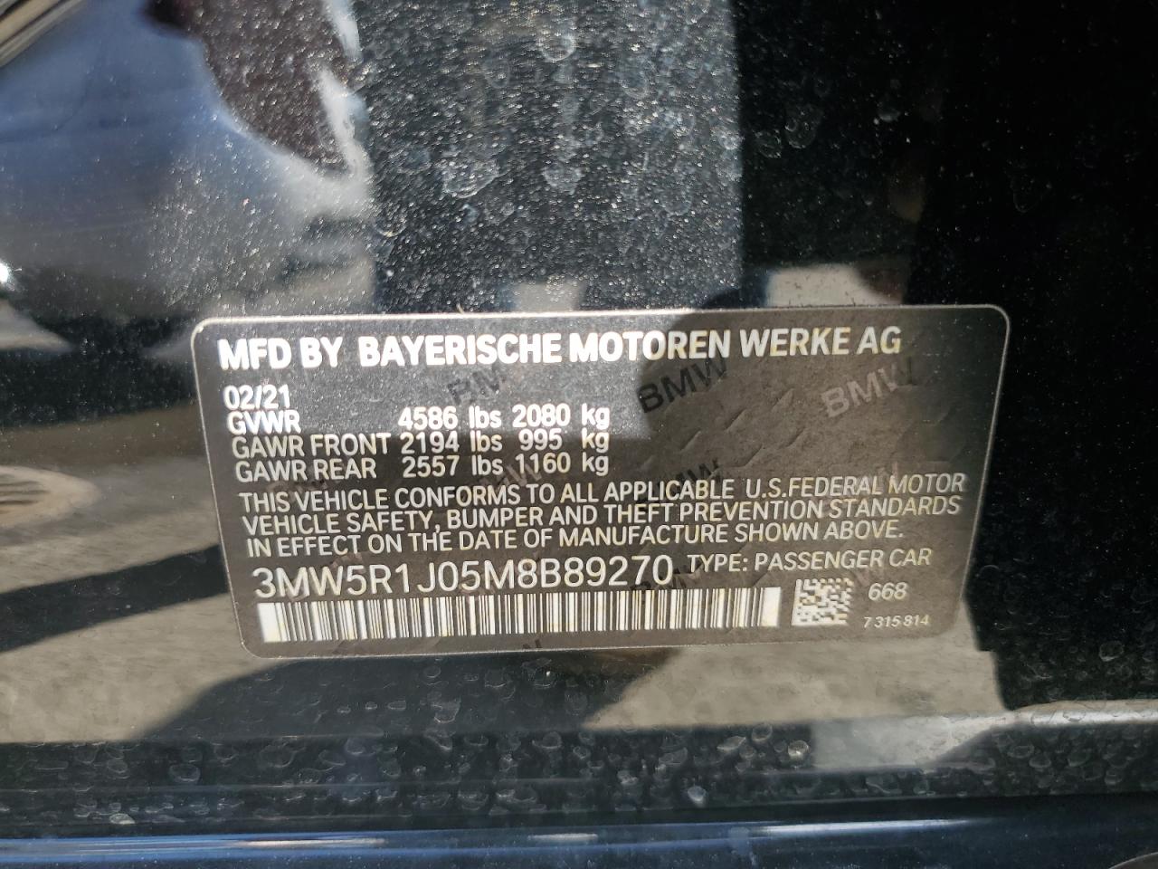 2021 BMW 330I VIN: 3MW5R1J05M8B89270 Lot: 85707965