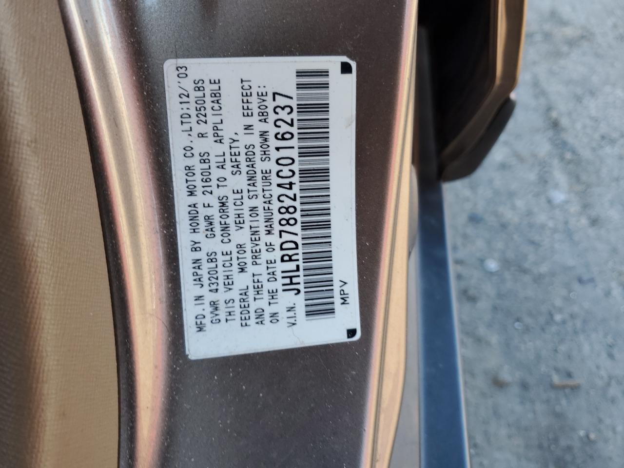 2004 Honda Cr-V Ex VIN: JHLRD78824C016237 Lot: 85782895