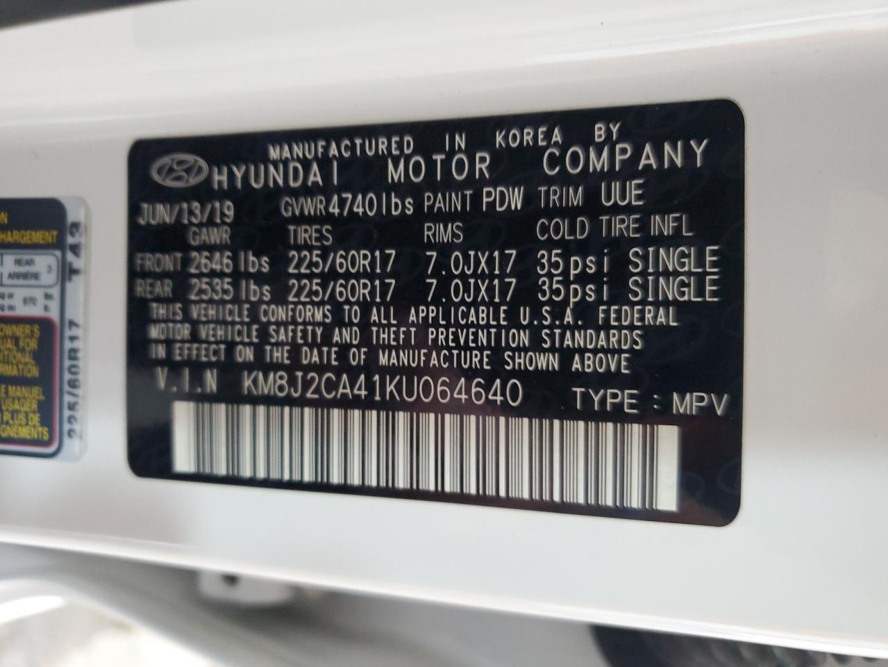 2019 Hyundai Tucson Se VIN: KM8J2CA41KU064640 Lot: 85099905