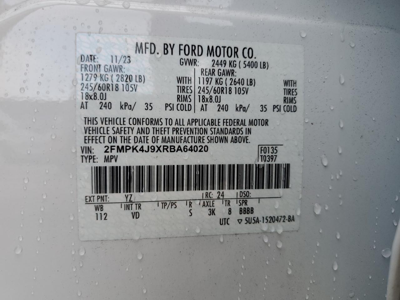 2024 Ford Edge Sel VIN: 2FMPK4J9XRBA64020 Lot: 84419875