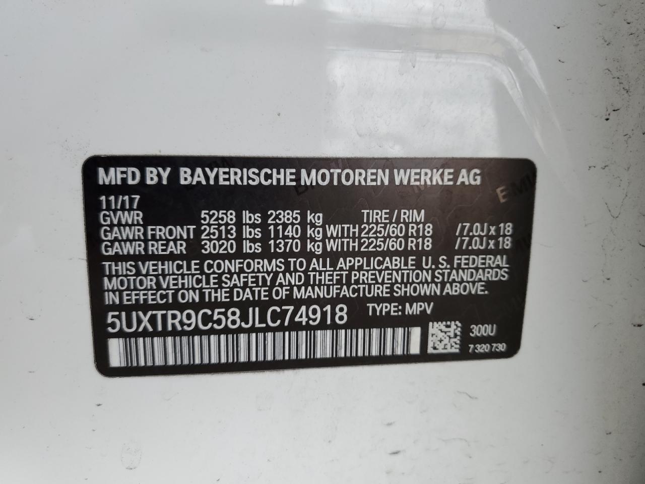 2018 BMW X3 xDrive30I VIN: 5UXTR9C58JLC74918 Lot: 85198265