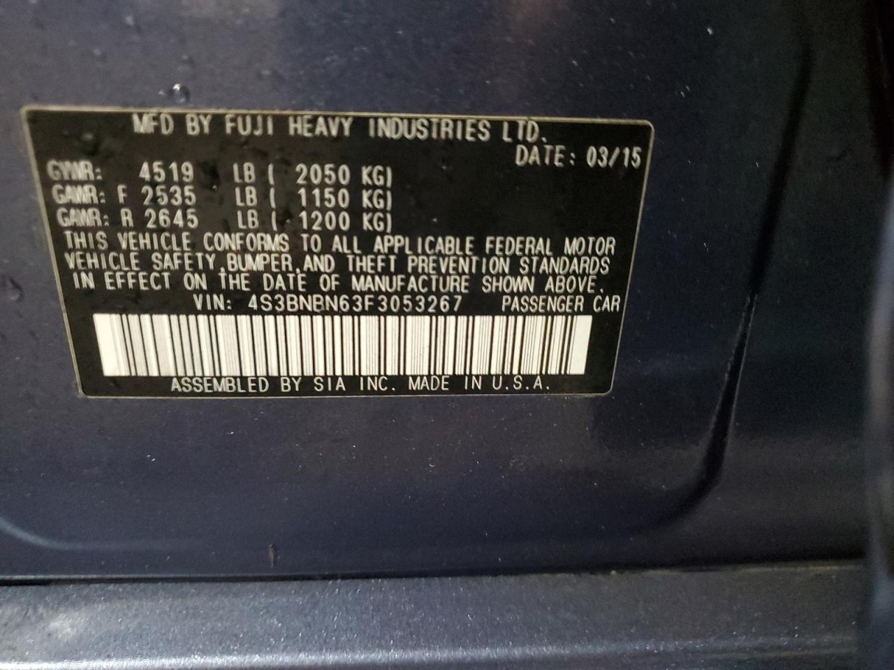 2015 Subaru Legacy 2.5I Limited VIN: 4S3BNBN63F3053267 Lot: 90473075