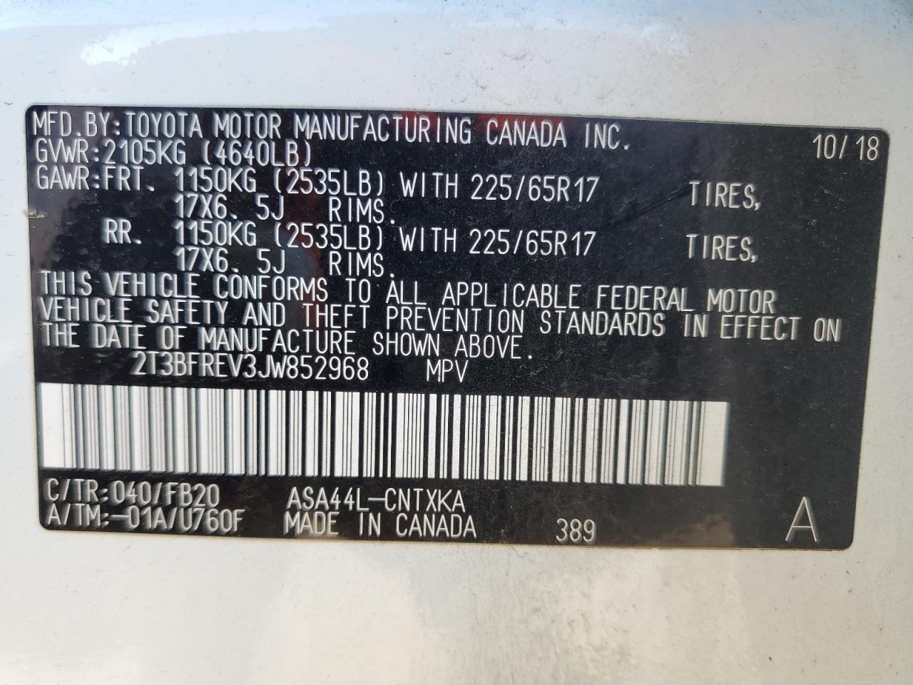 2018 Toyota Rav4 Le VIN: 2T3BFREV3JW852968 Lot: 85155745