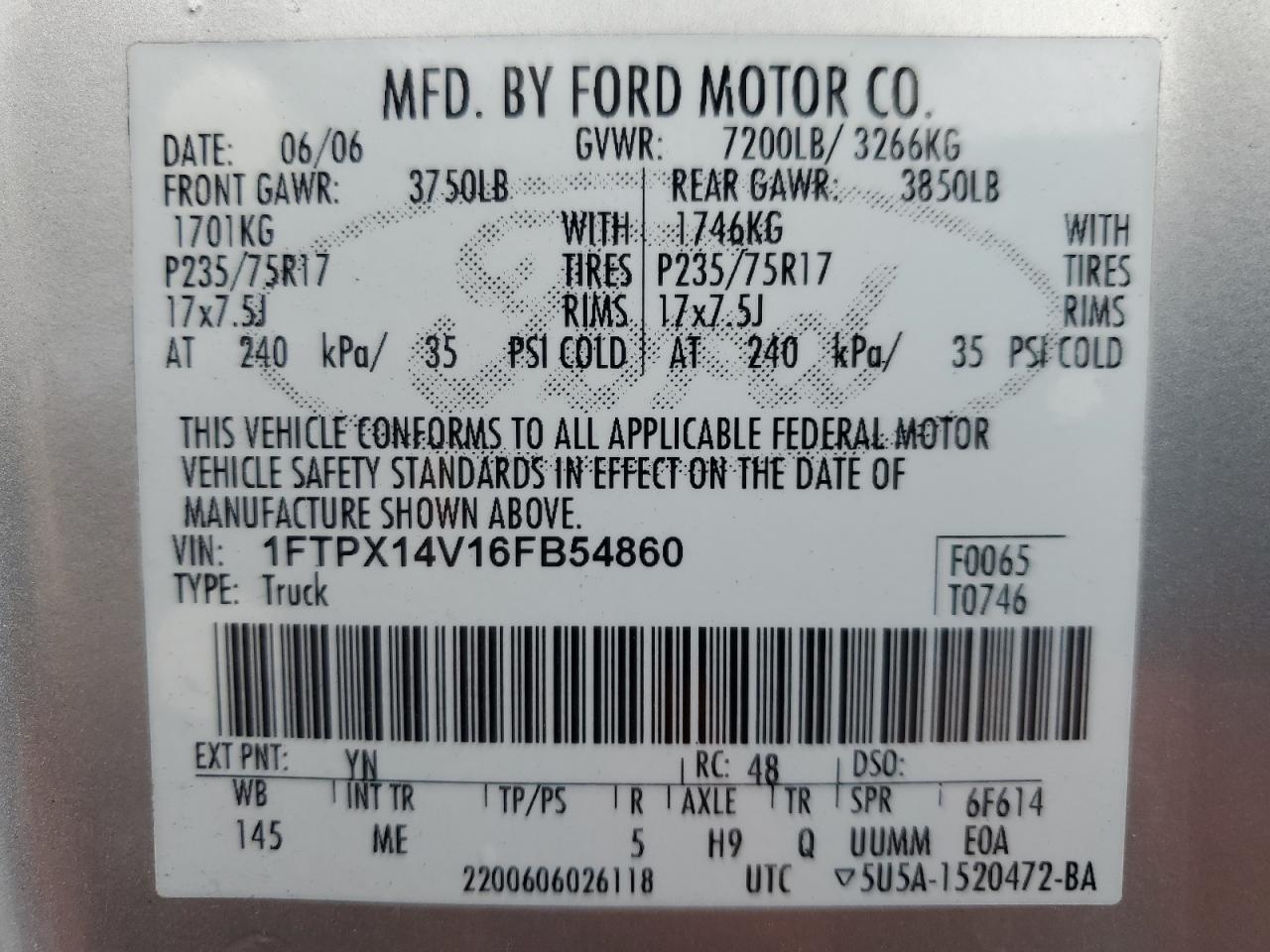 2006 Ford F150 VIN: 1FTPX14V16FB54860 Lot: 85379235