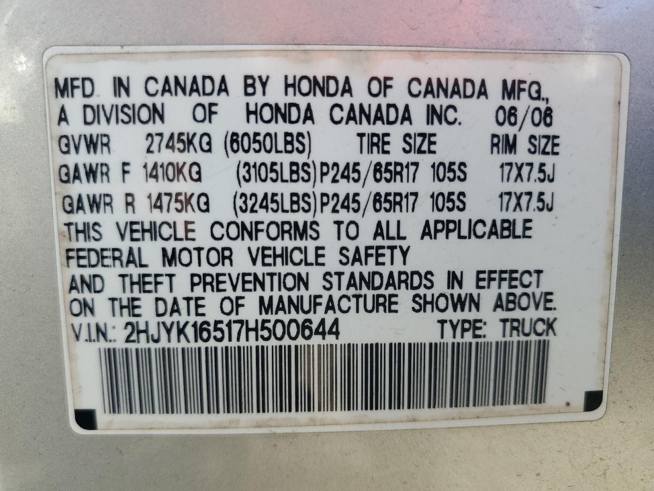 2007 Honda Ridgeline Rtl VIN: 2HJYK16517H500644 Lot: 81966785