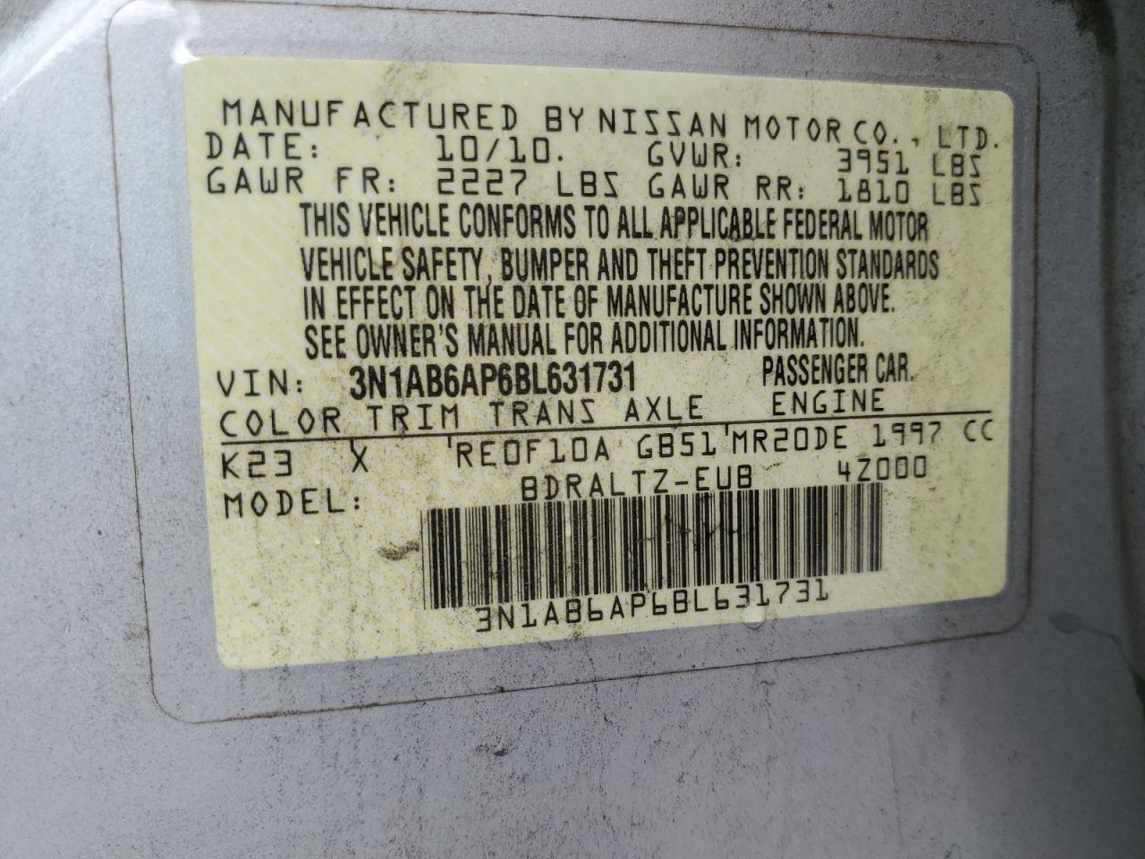 2011 Nissan Sentra 2.0 VIN: 3N1AB6AP6BL631731 Lot: 84936175