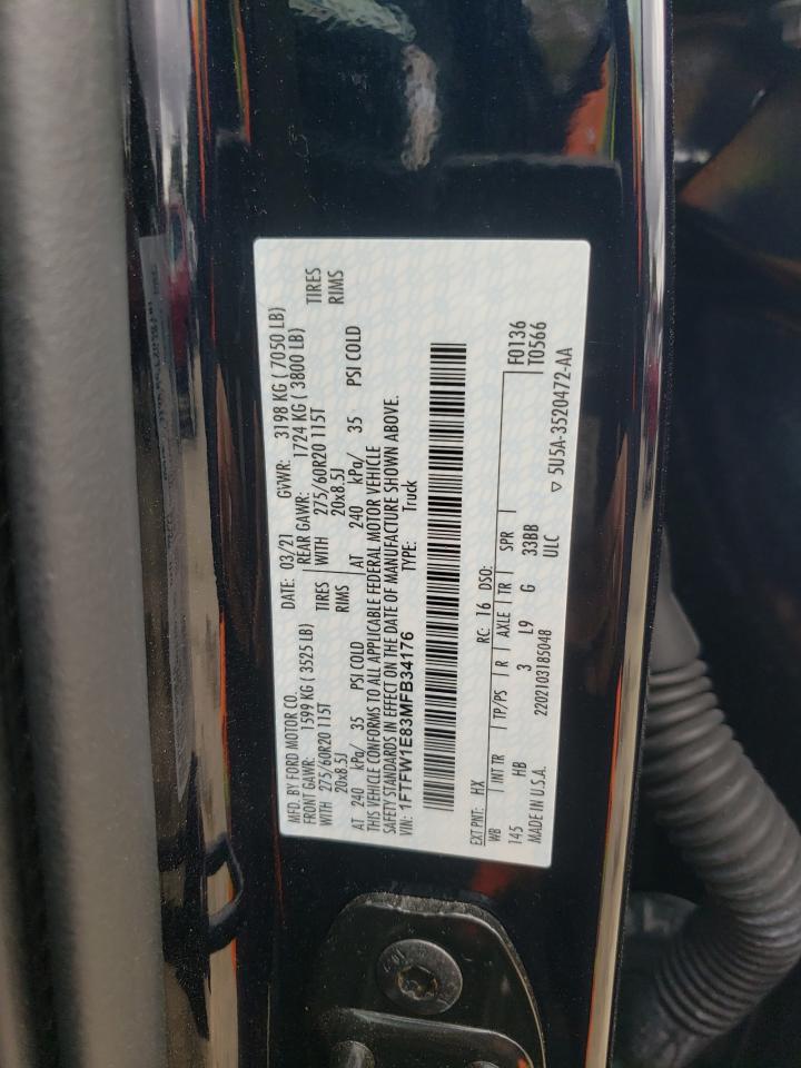 2021 Ford F150 Supercrew VIN: 1FTFW1E83MFB34176 Lot: 90503915