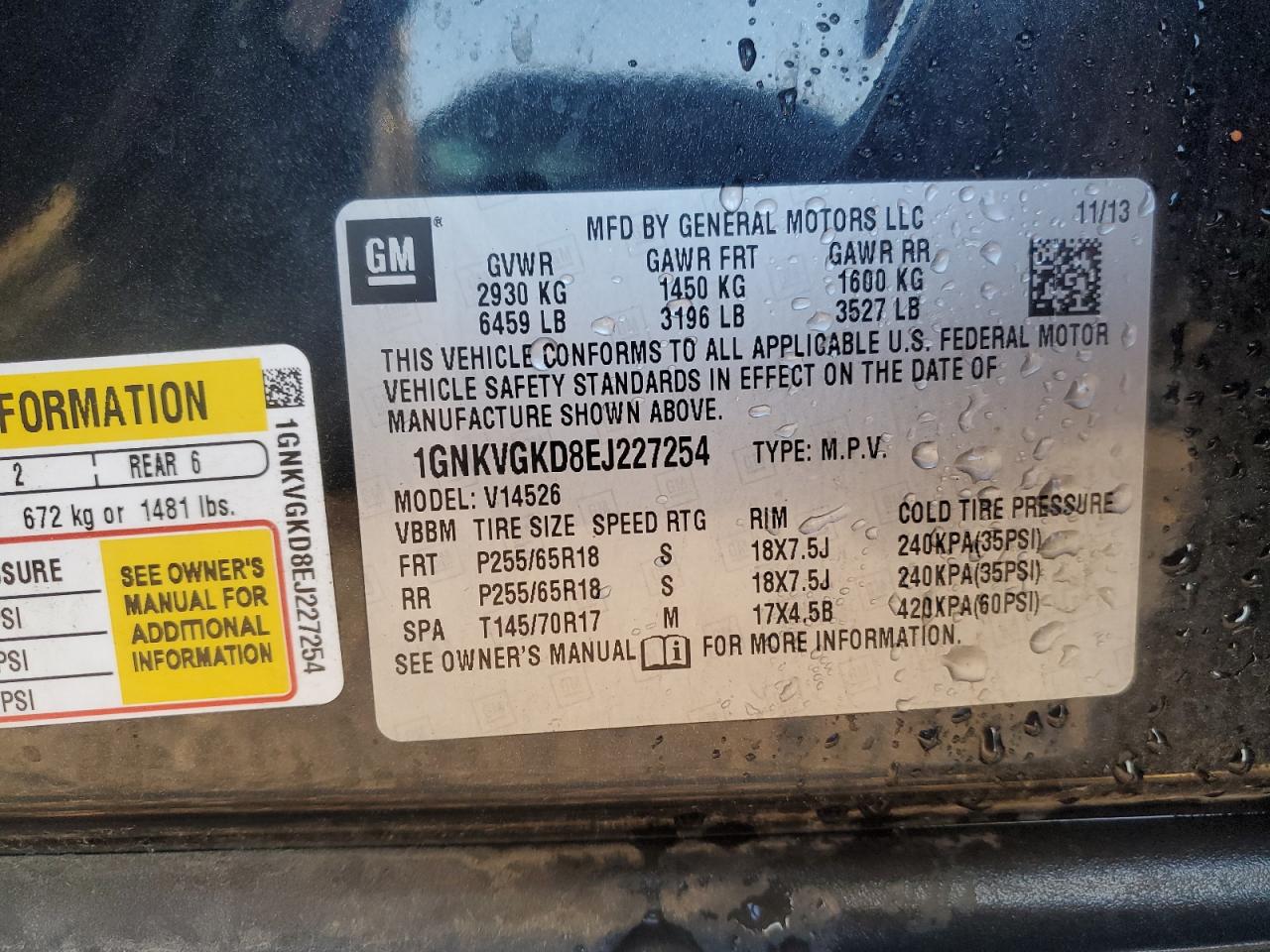 2014 Chevrolet Traverse Lt VIN: 1GNKVGKD8EJ227254 Lot: 90713995