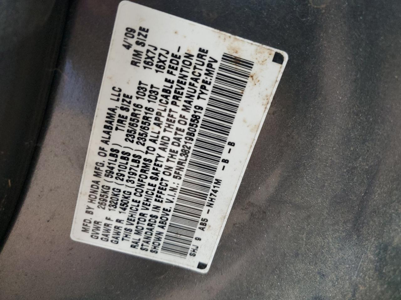 2009 Honda Odyssey Lx VIN: 5FNRL38219B055819 Lot: 71858535