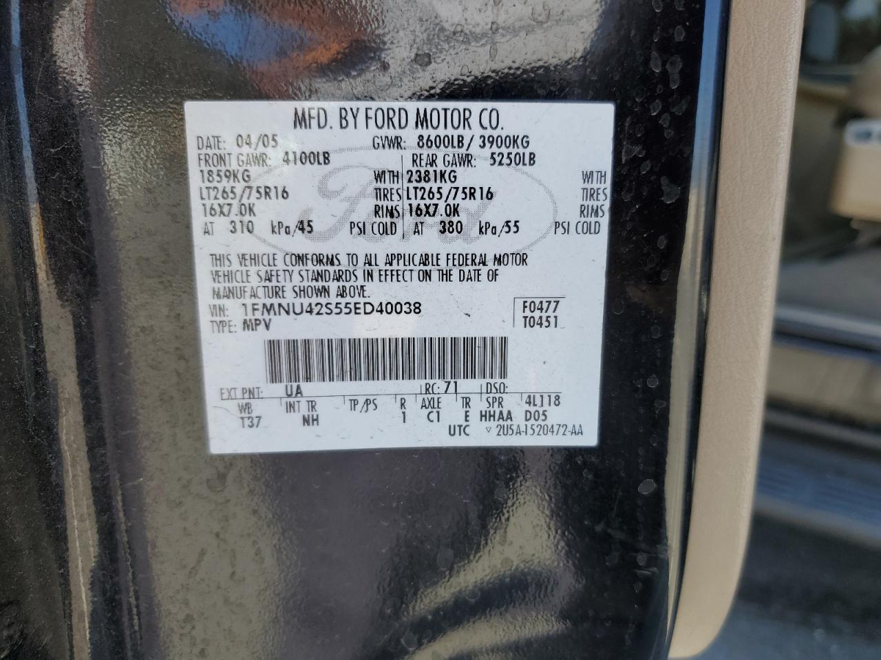 2005 Ford Excursion Limited VIN: 1FMNU42S55ED40038 Lot: 81892325