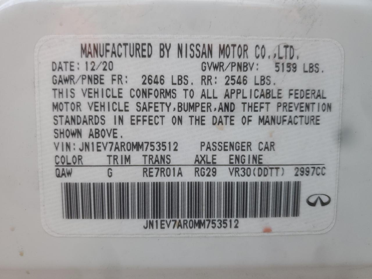 2021 Infiniti Q50 Pure VIN: JN1EV7AR0MM753512 Lot: 90692615