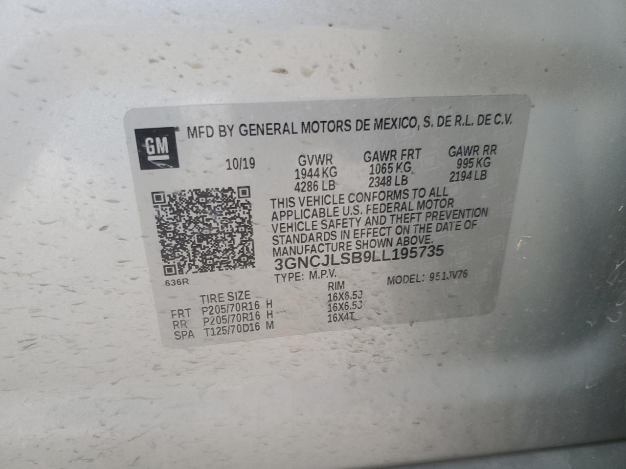 2020 Chevrolet Trax 1Lt VIN: 3GNCJLSB9LL195735 Lot: 82685365