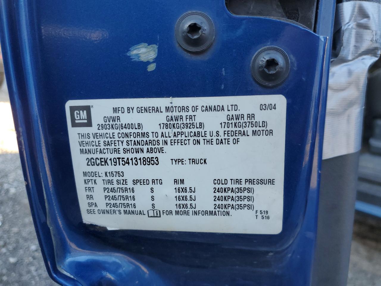 2004 Chevrolet Silverado K1500 VIN: 2GCEK19T541318953 Lot: 82299095