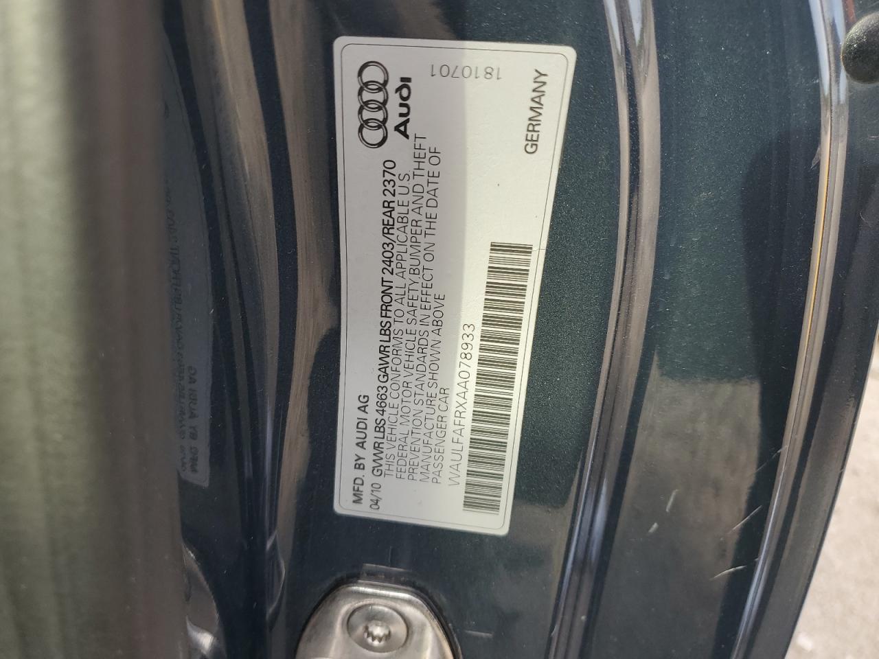 2010 Audi A5 Premium Plus VIN: WAULFAFRXAA078933 Lot: 85860785