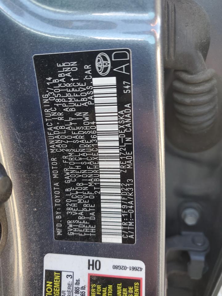 2014 Toyota Corolla L VIN: 2T1BURHEXEC136604 Lot: 84629405