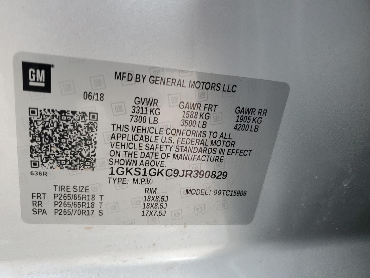 2018 GMC Yukon Xl C1500 Slt VIN: 1GKS1GKC9JR390829 Lot: 86133415