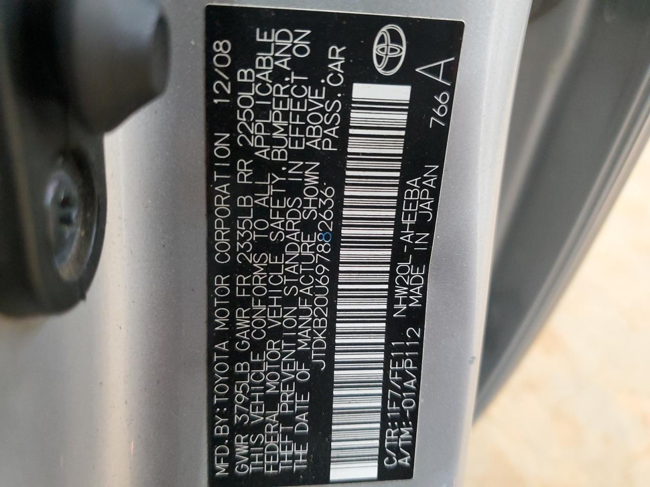 2009 Toyota Prius VIN: JTDKB20U697882636 Lot: 84414625