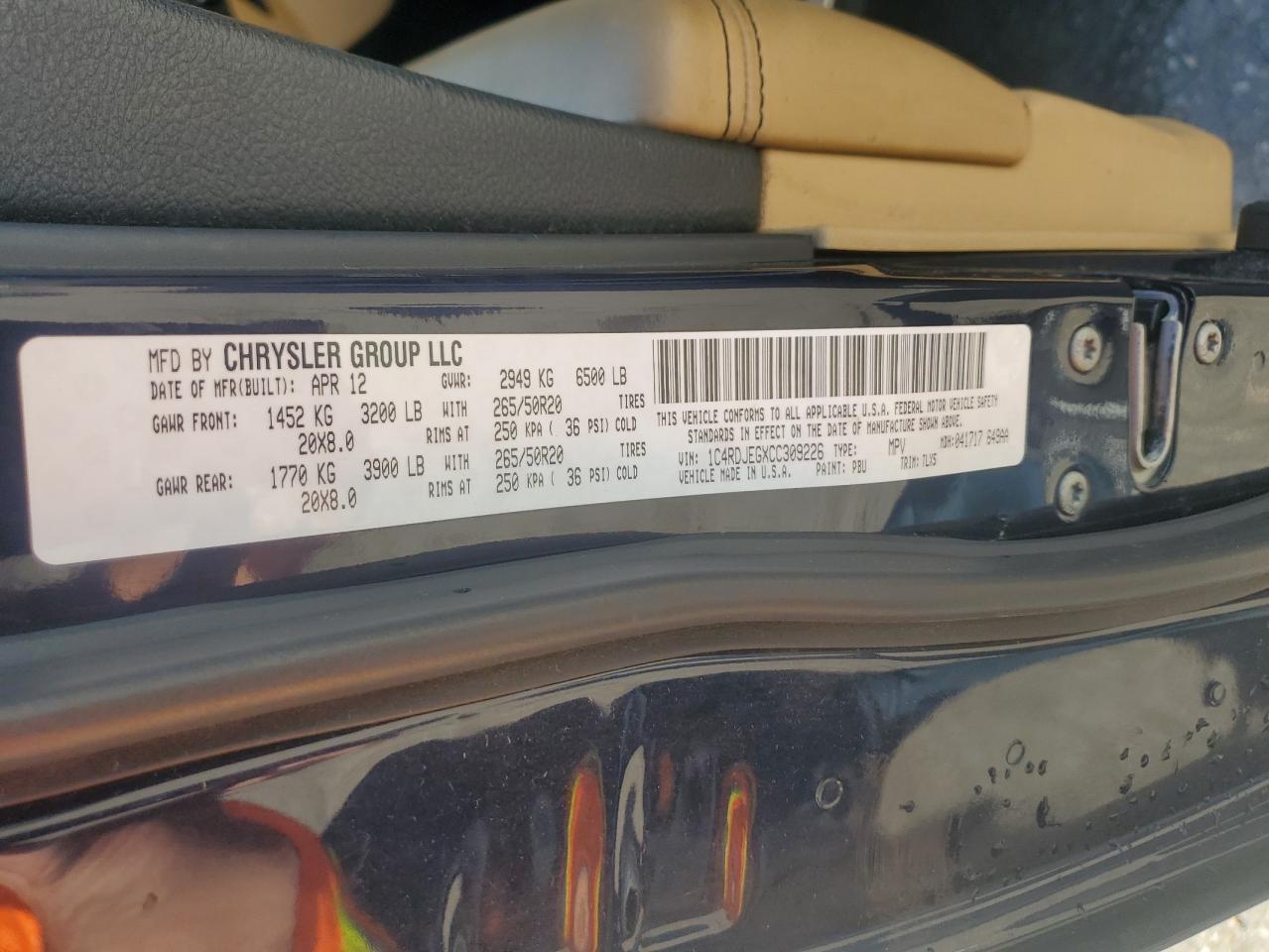 2012 Dodge Durango Citadel VIN: 1C4RDJEGXCC309226 Lot: 92783095