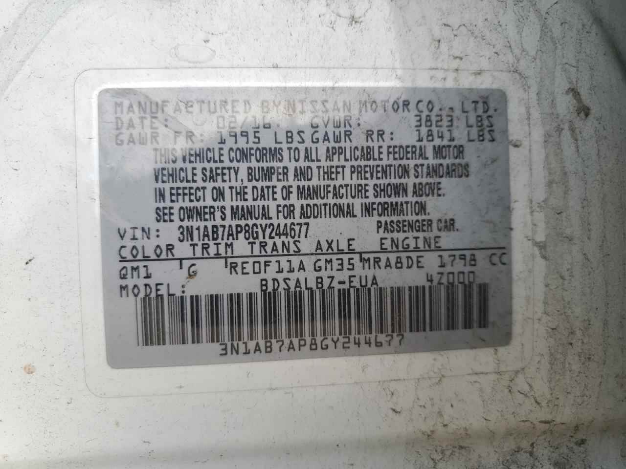 2016 Nissan Sentra S VIN: 3N1AB7AP8GY244677 Lot: 84657115