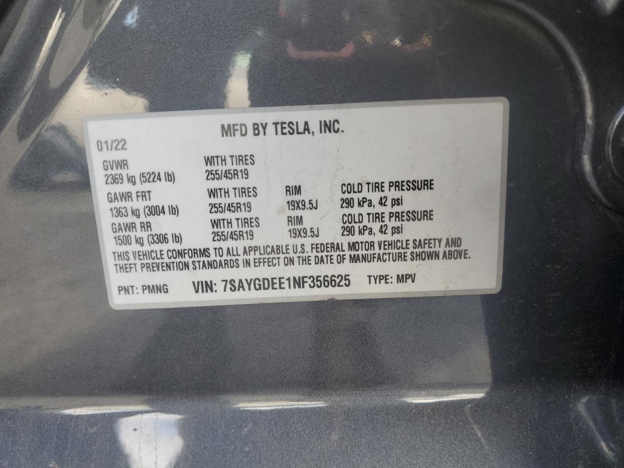 2022 Tesla Model Y VIN: 7SAYGDEE1NF356625 Lot: 84837115