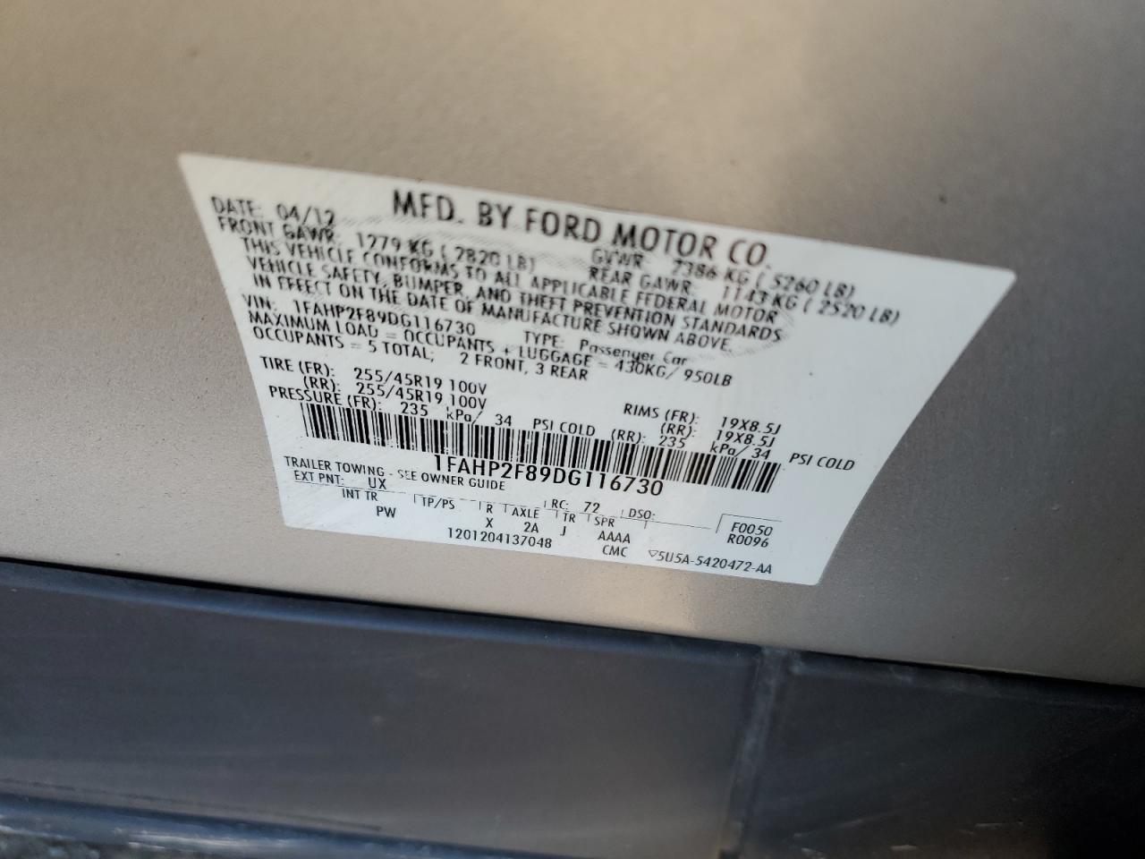 2013 Ford Taurus Limited VIN: 1FAHP2F89DG116730 Lot: 86238405