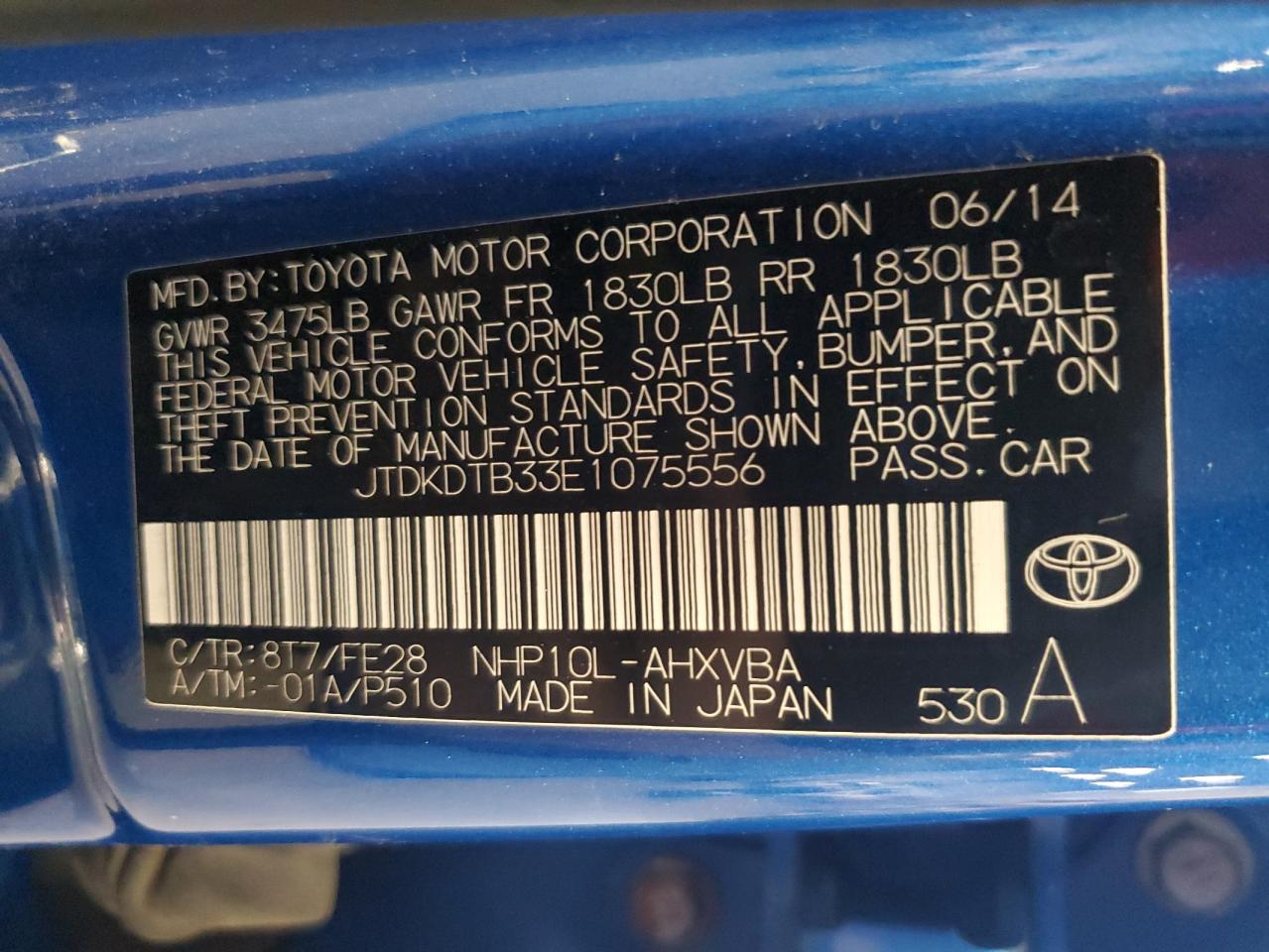 2014 Toyota Prius C VIN: JTDKDTB33E1075556 Lot: 84440905