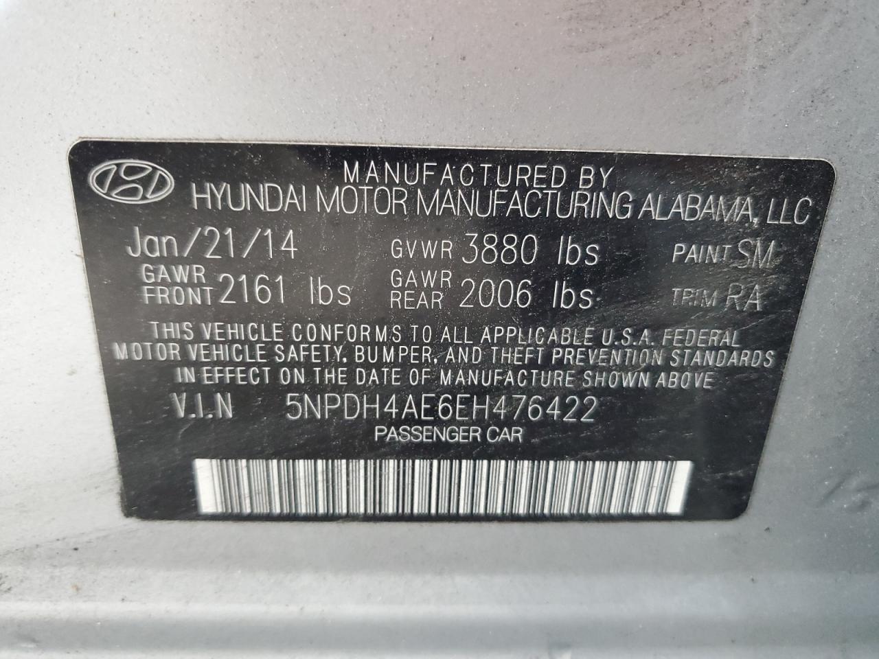 2014 Hyundai Elantra Se VIN: 5NPDH4AE6EH476422 Lot: 86087955