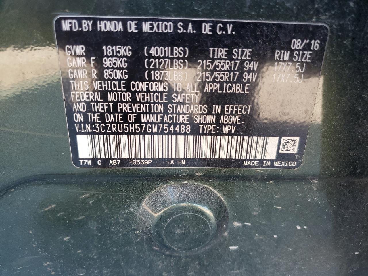 2016 Honda Hr-V Ex VIN: 3CZRU5H57GM754488 Lot: 82555555