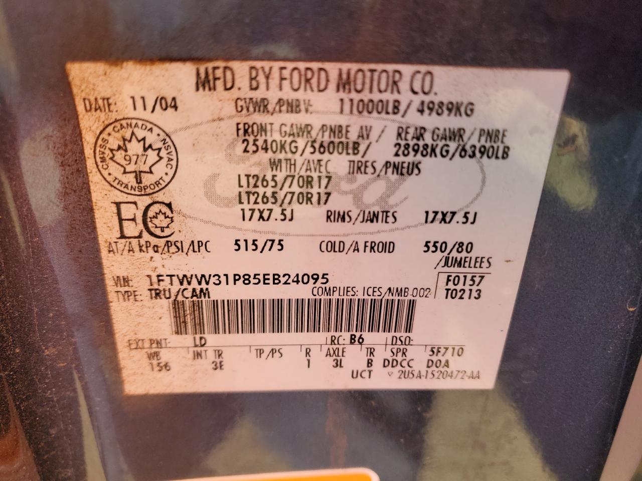 2005 Ford F350 Srw Super Duty VIN: 1FTWW31P85EB24095 Lot: 87007025