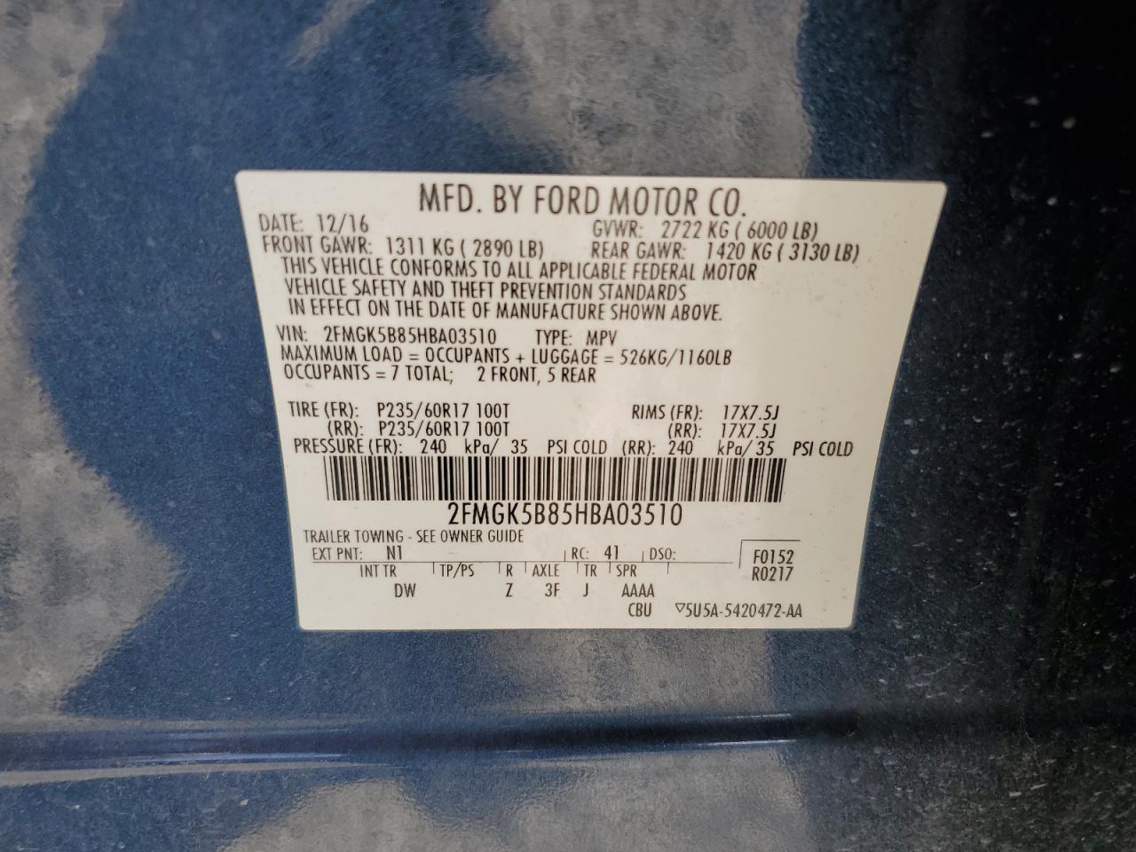 2017 Ford Flex Se VIN: 2FMGK5B85HBA03510 Lot: 89435405