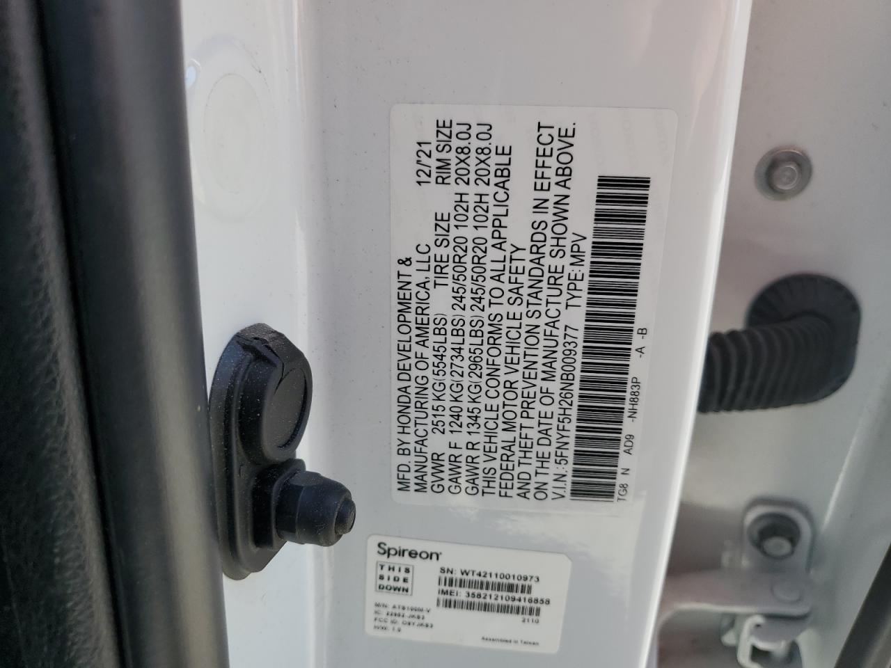 2022 Honda Pilot Se VIN: 5FNYF5H26NB009377 Lot: 86191195