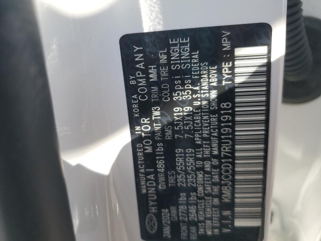 2024 Hyundai Tucson Sel Convenience VIN: KM8JCCD17RU191918 Lot: 84594115