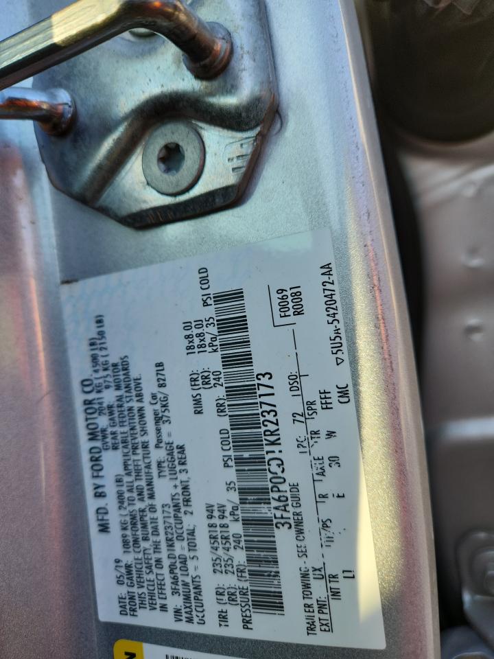 2019 Ford Fusion Sel VIN: 3FA6P0CD1KR237173 Lot: 86496185